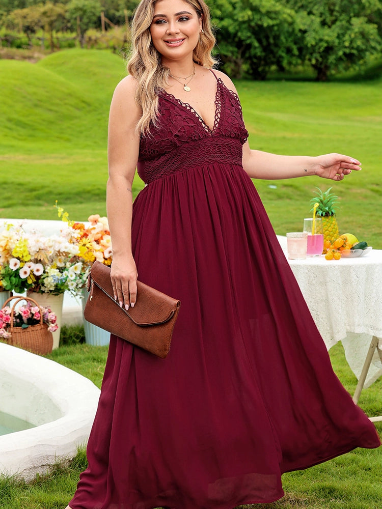 Spring New Arrival Pure Color Thin with Shoulder-Straps Long Dress for Women Fashion Sexy Lace Stitching Plus Size Dress Women