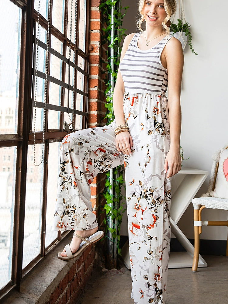 Fashion High Waist Thin Slim Striped Floral Jumpsuit