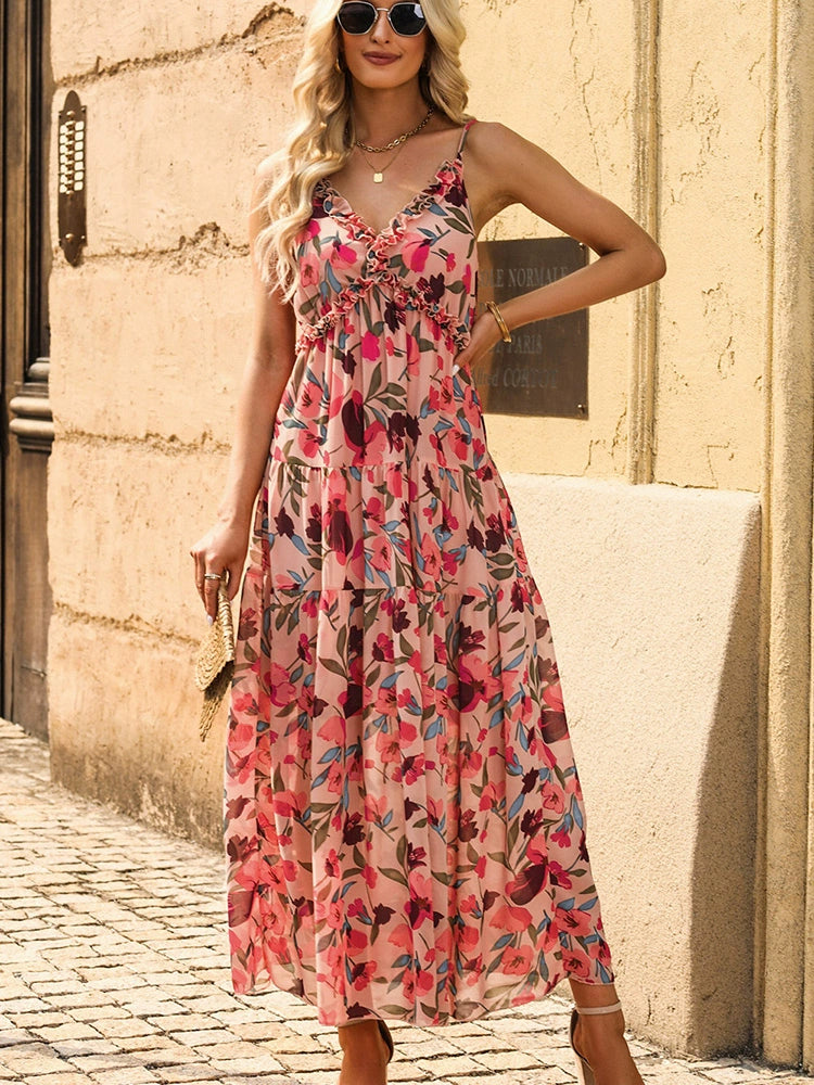 2024 Summer New Sexy Sling Dress Women's Fashion Vacation Style Stylish Floral Print Pullover Long Dress Women