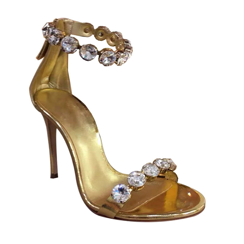 European and American-Style Stiletto Rhinestone French-Style Golden Open Toe Banquet