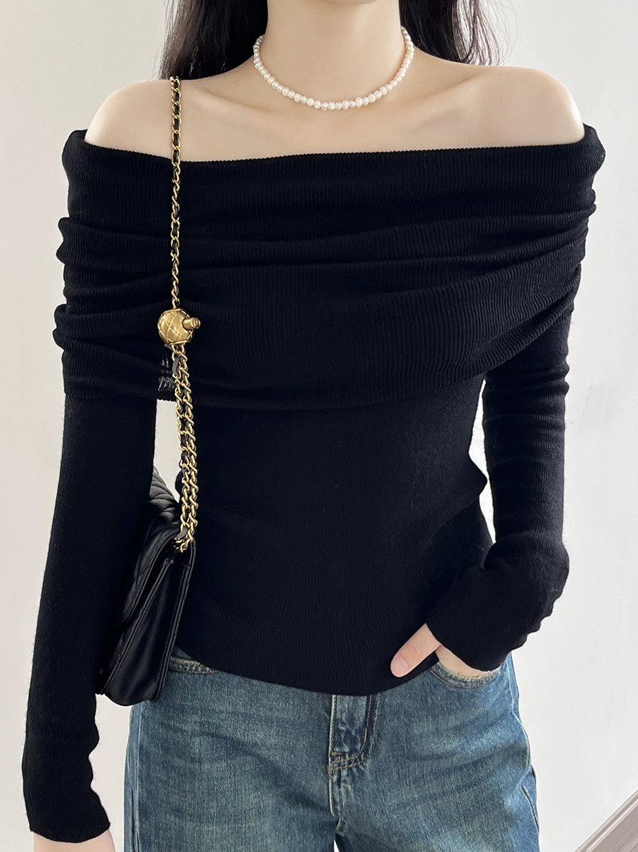 Off-Shoulder off-Neck Slim Fit Inner Wear Long Sleeve Sweater