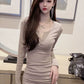 Pleated Spring and Autumn Slim Fit V-neck Hip Long Sleeve Dress