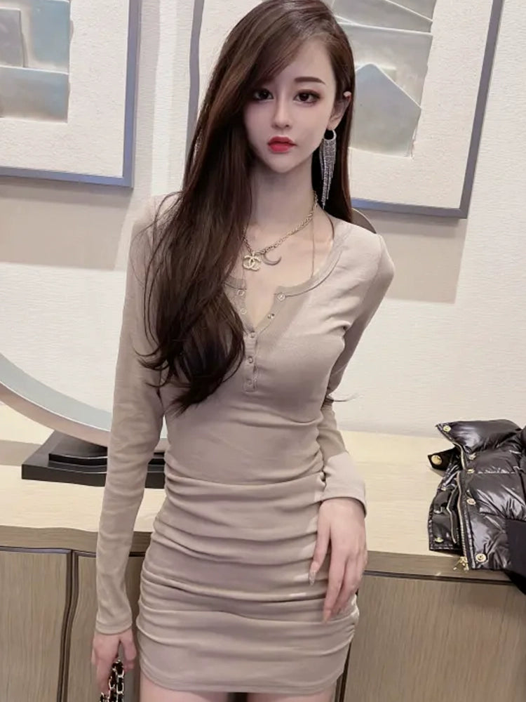 Pleated Spring and Autumn Slim Fit V-neck Hip Long Sleeve Dress