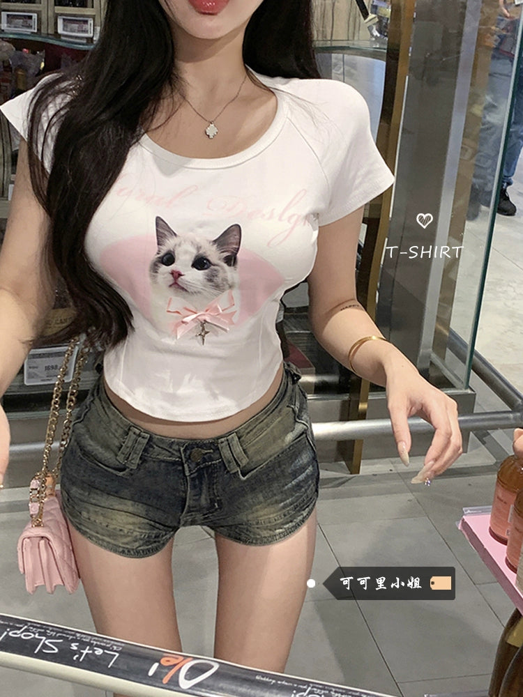 Women's Cat Spring Slim-Fitting Midriff-Baring Short Sleeve Cartoon