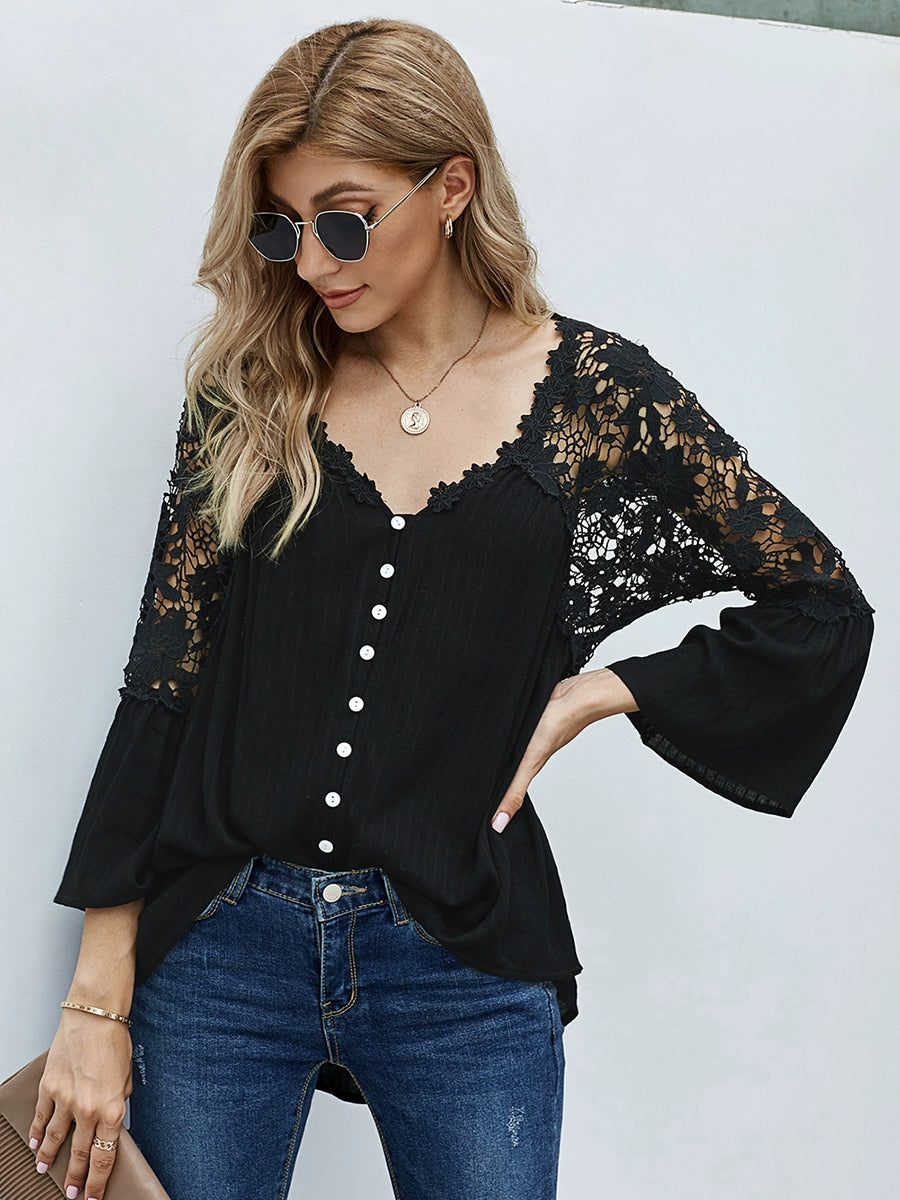 Long Sleeves Fashion Loose V-neck Pullover Tops Lace Shirt