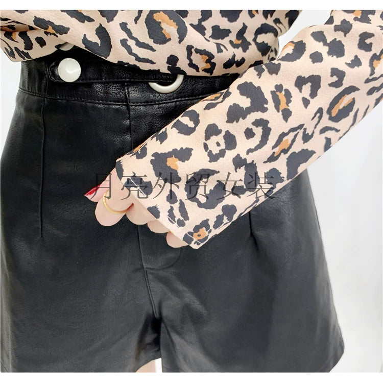 Fashion Leopard Print Cut-out Long Sleeve Hem Shirt