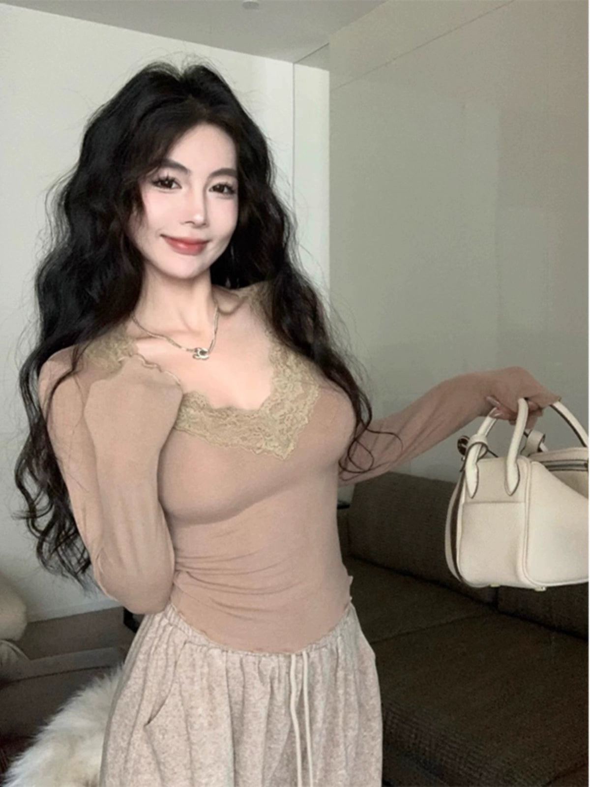 V Neck Pure Desire T-shirt Spring and Autumn Slim Fit Stretch Long Sleeve Lace