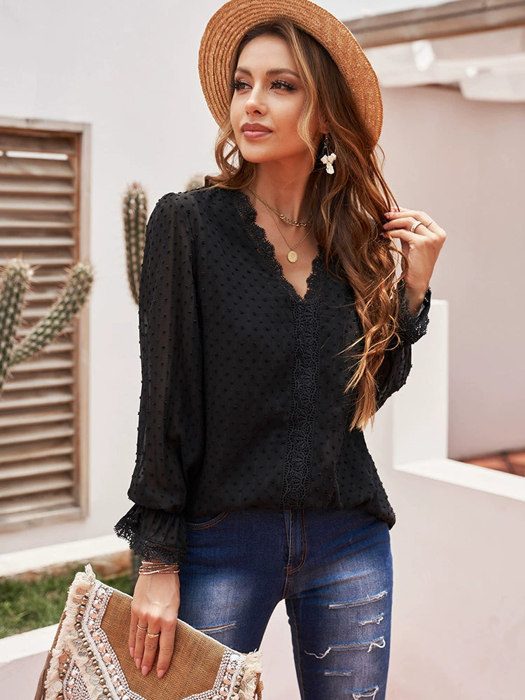 2024 Summer New Arrival Long Sleeves Thin Lace Shirt Women Fashion Loose Pullover Deep V Neck Solid Color Casual T-shirt Tops Women