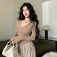 Lace V-neck Patchwork Women's Winter Waist Slim Fit Long-Sleeved T-shirt