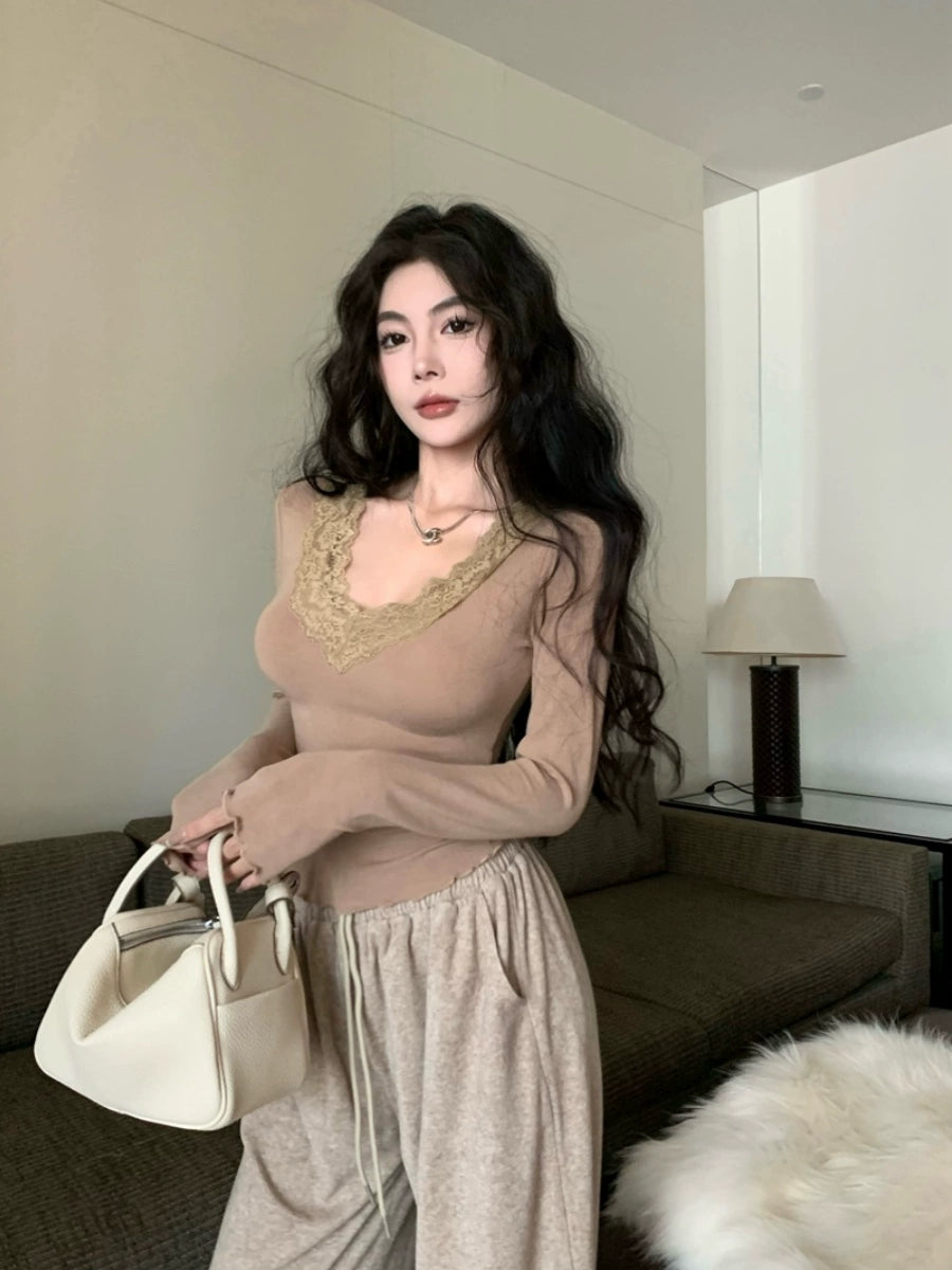 Lace V-neck Patchwork Women's Winter Waist Slim Fit Long-Sleeved T-shirt