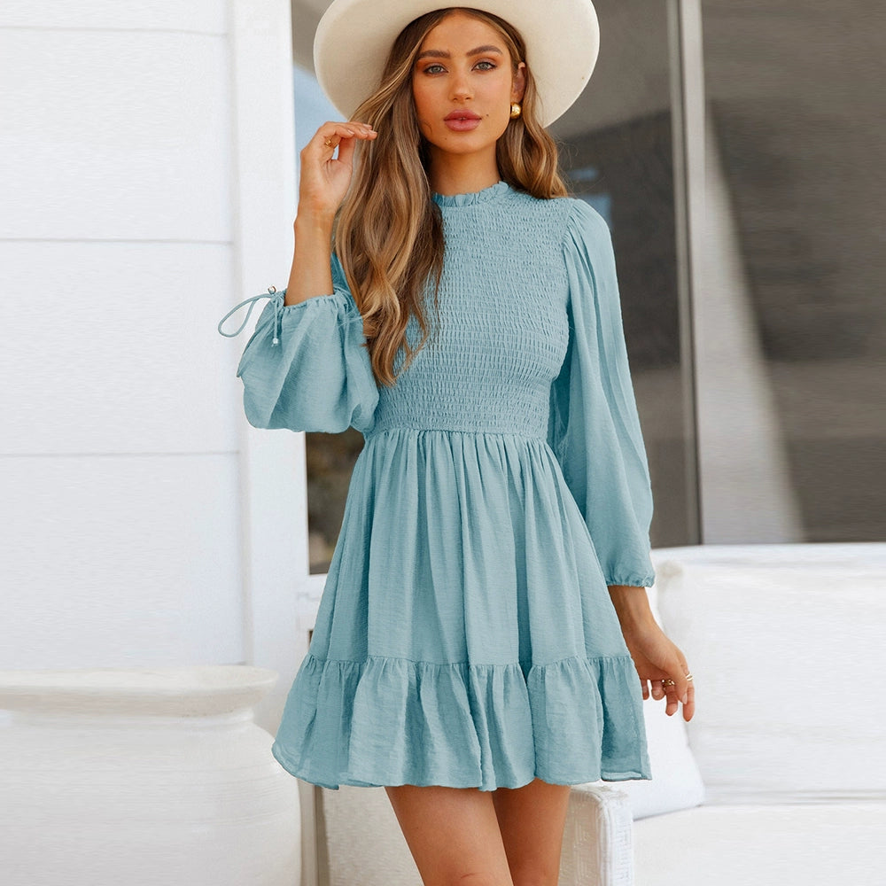 Fashion Smocking Stylish Carrying Strap Knee Length Long Sleeves Dress