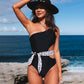 Fashion Waist Cut Out Asymmetric One-Piece Swimsuit for Women 2023 Summer New Contrast Color Printed Sexy Triangle Swimsuit