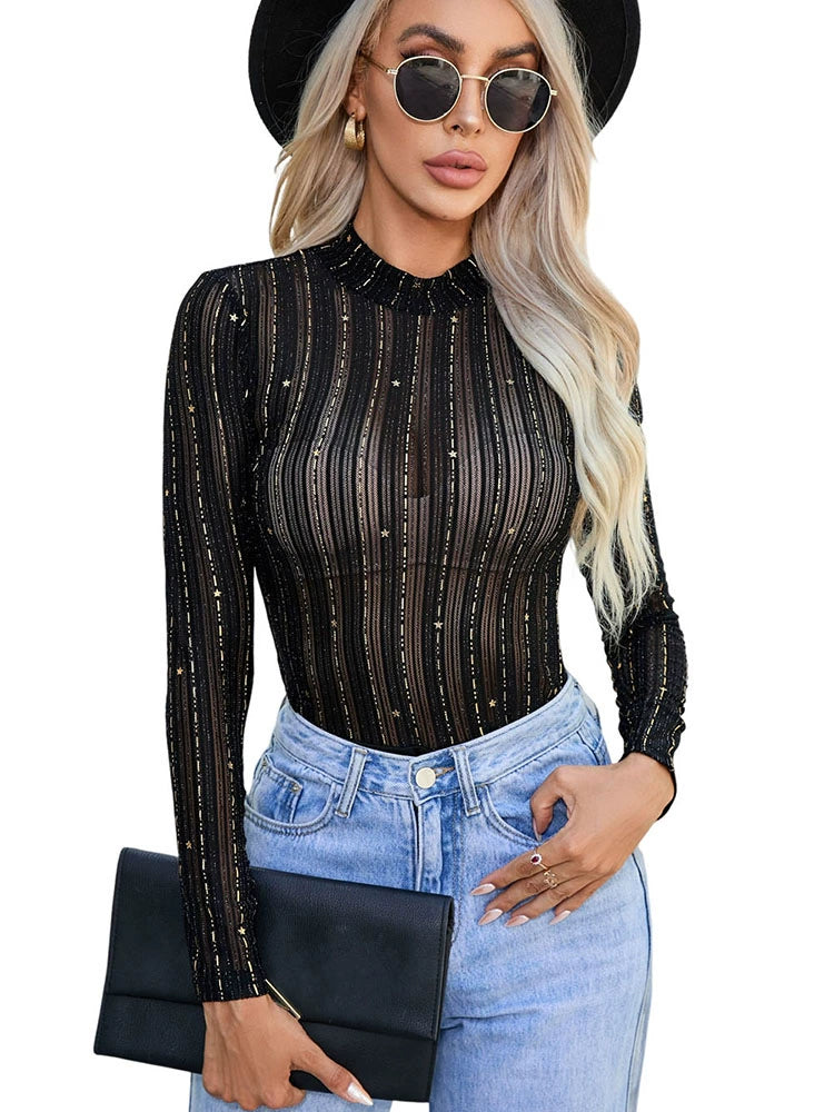 European and American Sexy Mesh Thin Long Sleeves Jumpsuit Women