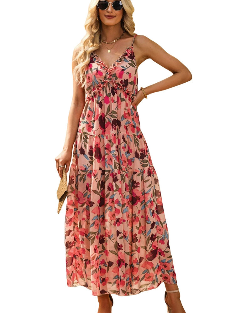 2024 Summer New Sexy Sling Dress Women's Fashion Vacation Style Stylish Floral Print Pullover Long Dress Women