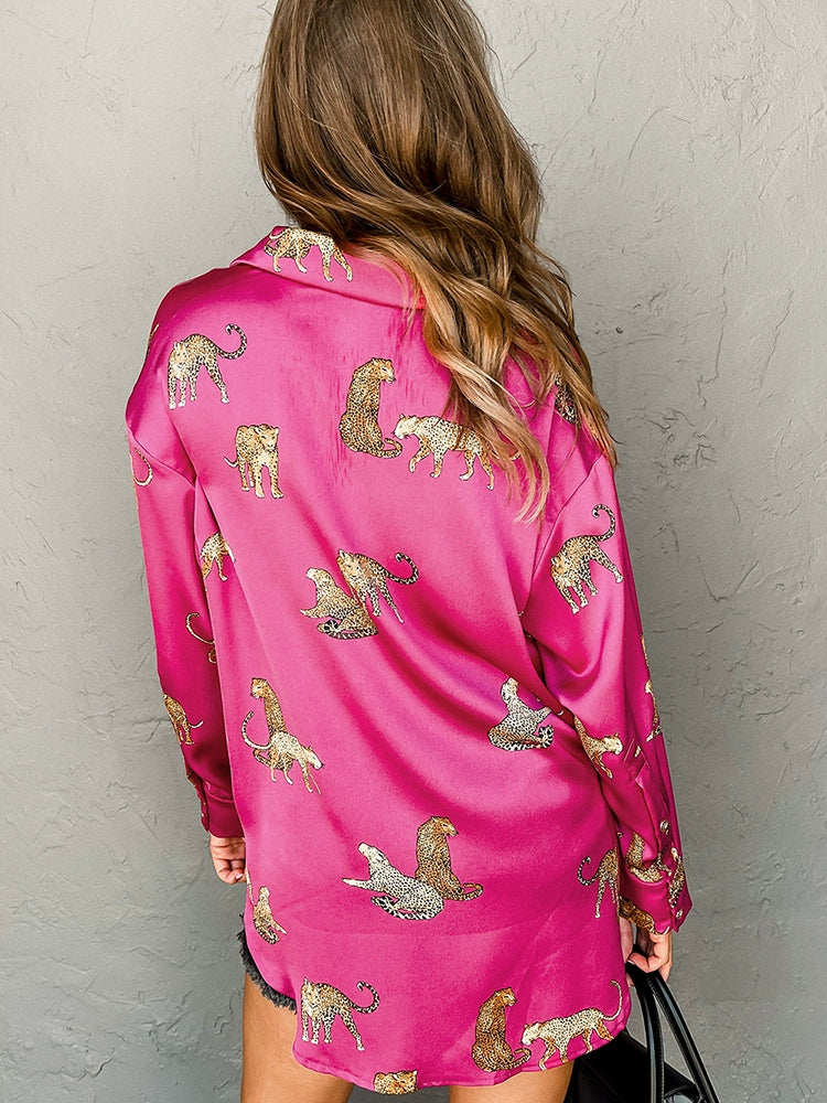 Long Sleeves Fashion Satin Stylish Animal Print Shirt