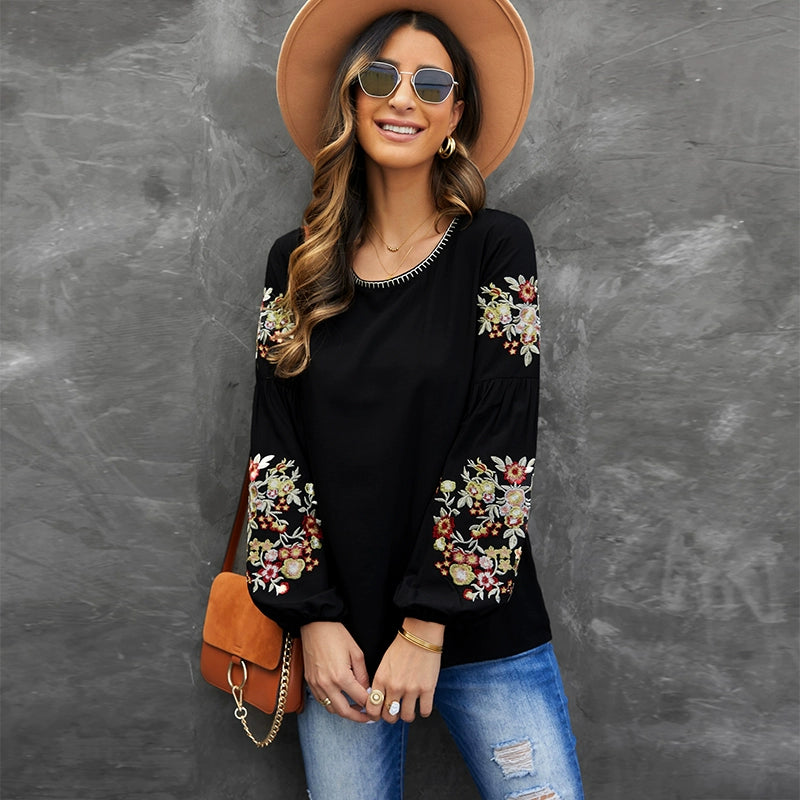 Fashion Embroider Fashion Black Pullover Long Sleeves T-shirt