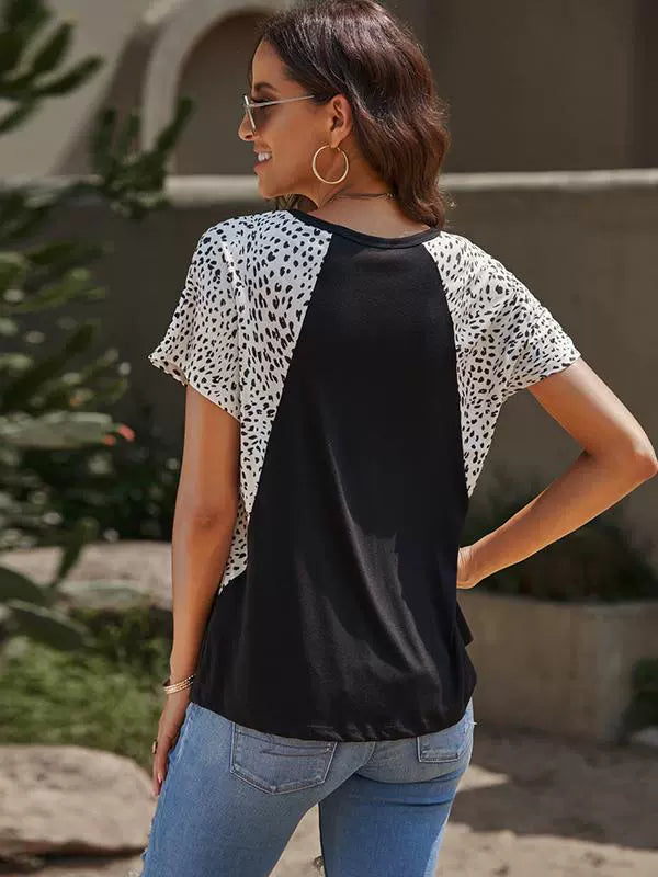 Summer New Arrival Leopard Print Patchwork Short-Sleeved T-shirt Female Fashion V-neck Casual Half Oversleeve Head Tops Female