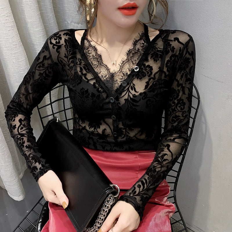 Black Long Sleeve Inner Wear Fashion Mesh Top Lace