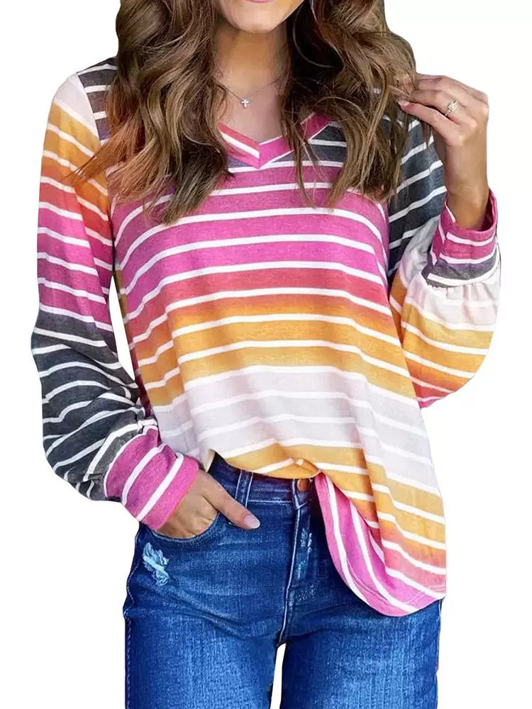 Fall and Winter Color Stripes Thin Fashion V Neck Long Sleeves T-shirt