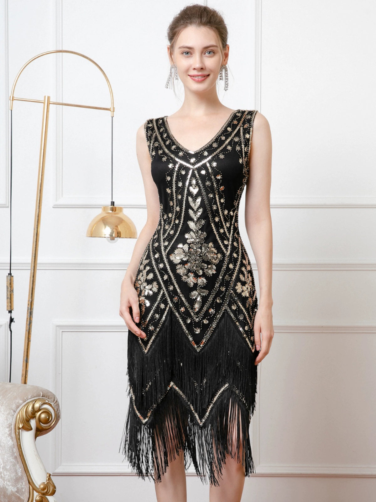 Retro Double-Layered Tassel Dress Gatsby Prom Sequin Dress Party V-neck Bead Dance Dress