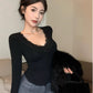 V Neck Pure Desire T-shirt Spring and Autumn Slim Fit Stretch Long Sleeve Lace