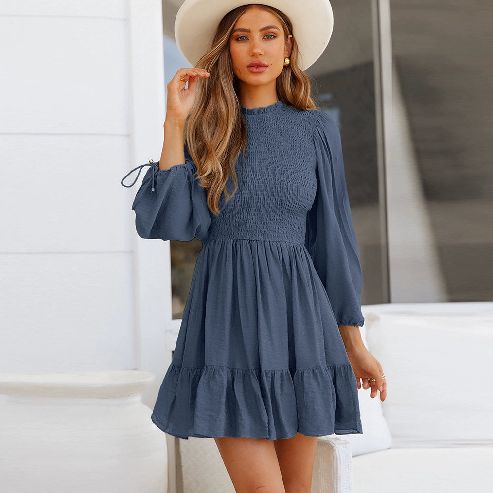 Fashion Smocking Stylish Carrying Strap Knee Length Long Sleeves Dress