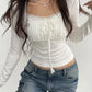 Ruched Tie Lace Trim Square Collar Slim Long Sleeve White Y2K T Shirt Women Cute Japanese Kawaii Clothing