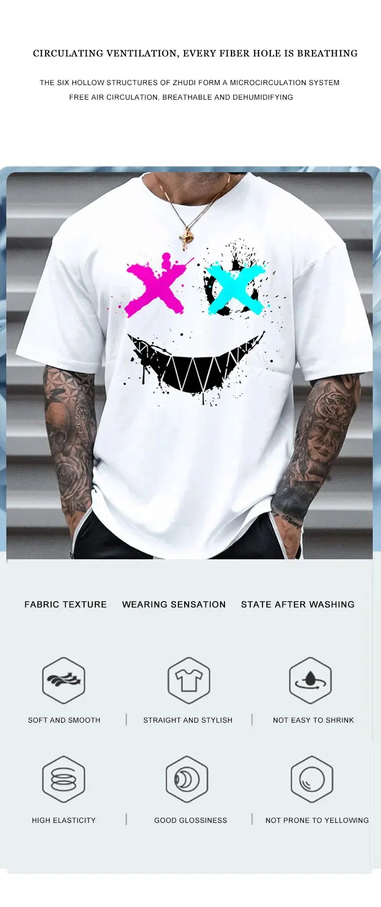 2024 Summer Men's New Fashion Smiley Digital Printing Short-Sleeved T-Shirt Loose Casual Daily Personality Street Hip-Hop Tops