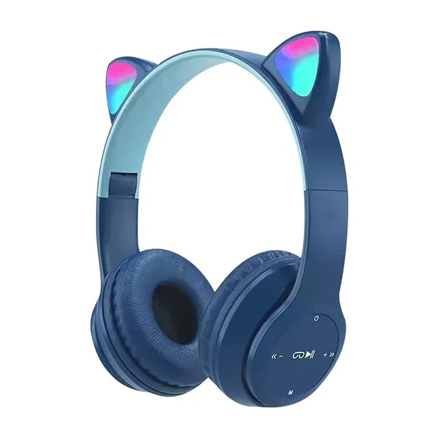 P47M Cute Cat Ear Bluetooth Headphones with LED Wireless Headset Children Girls Stereo Folding Sports Headset with Microphone