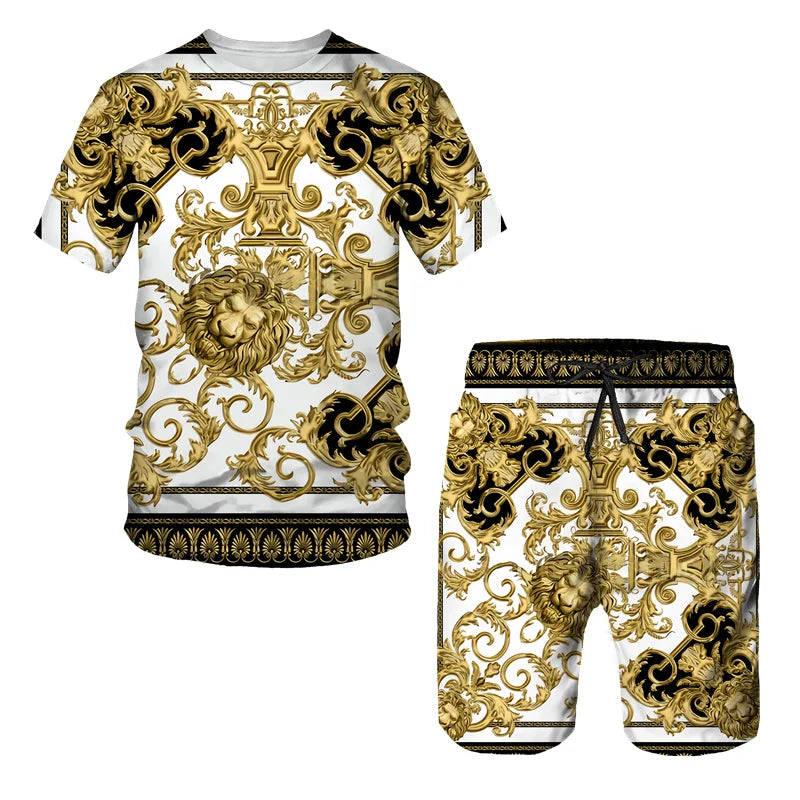 Summer 3D printed T-shirt shorts 2-piece casual men's set pattern men's sports set gold luxurious retro short sleeved set