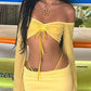 ALLNeon Y2K Aesthetics Sexy Co-ord Sets Yellow 2000s Clubwear Off Shoulder Flare Sleeve Crop Tops and Micro Skirt 2 Piece Suits