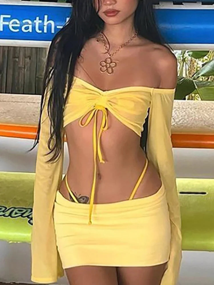 ALLNeon Y2K Aesthetics Sexy Co-ord Sets Yellow 2000s Clubwear Off Shoulder Flare Sleeve Crop Tops and Micro Skirt 2 Piece Suits