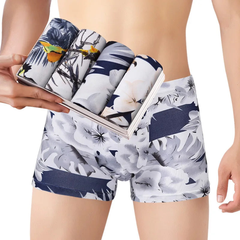 4 Pieces Men Printing Boxers Shorts Underpants Underwear XXL 3XL 4XL 4 Colors Mixing Soft Breathable Fashion Sports Casual