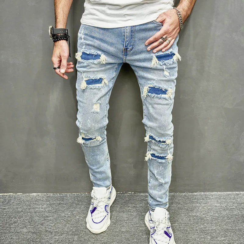 New Men Holes Casual Skinny Jeans Pants Streetwear Male Stylish Ripped Solid Hip Hop Slim Denim Trousers