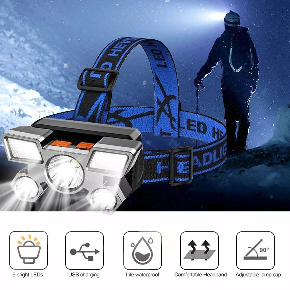 1pcs Rechargeable Headlamp, Portable 5LED Headlight Torch, Portable Working Light, Fishing Camping Head Light For Travel, Campin