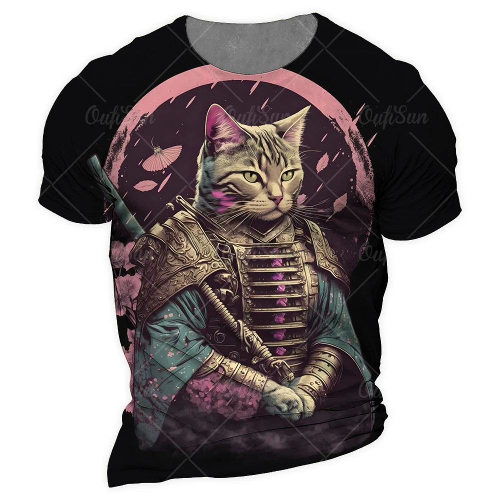 Y2K Samurai Cat Graphic T-Shirts - Men