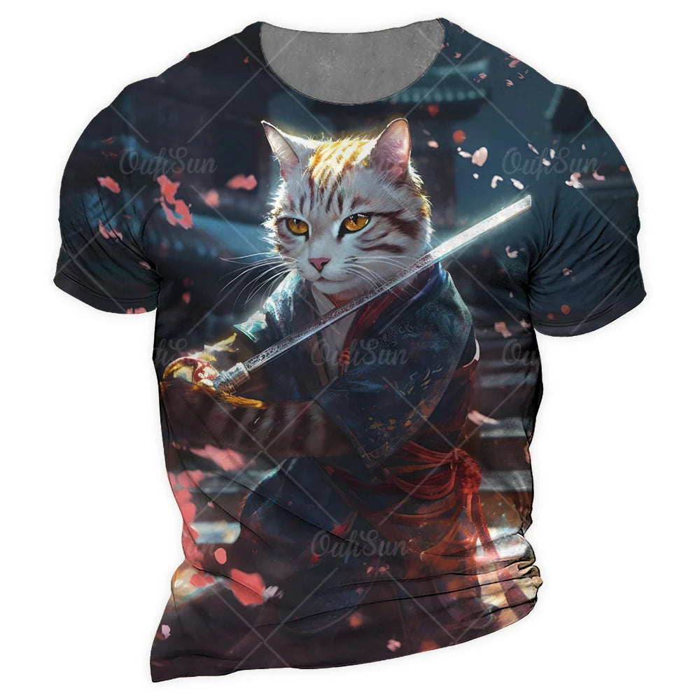 Y2K Samurai Cat Graphic T-Shirts - Men