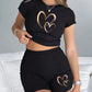 Summer Women Slim-fit T-Shirts & Shorts 2 Pieces Set Simple Hearts Pattern Prints Crop Tops Fashion High Elastic Soft Clothes