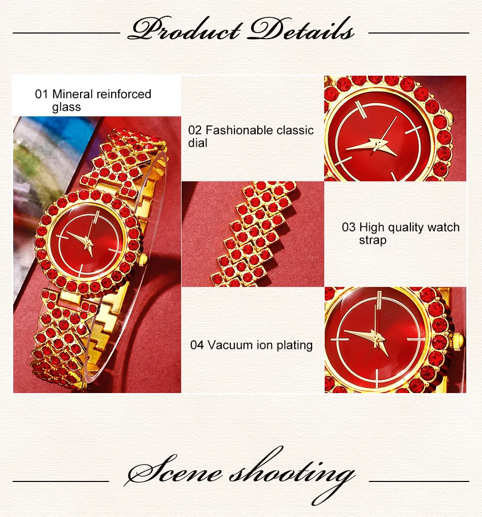 New Luxury Watch Women Red Necklace Earring Rhinestone Fashion Wristwatch Casual Ladies Watches Jewelry Set Relogio Feminino