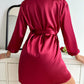 Solid Satin Pajama Set Long Sleeve Robe With Belt & Contrast Lace V Neck Slip Dress Women's Sleepwear