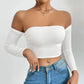 Off Shoulder Crop T-Shirt, Casual Long Sleeve Top For Spring & Fall, Women's Clothing