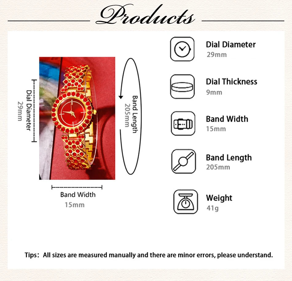 New Luxury Watch Women Red Necklace Earring Rhinestone Fashion Wristwatch Casual Ladies Watches Jewelry Set Relogio Feminino