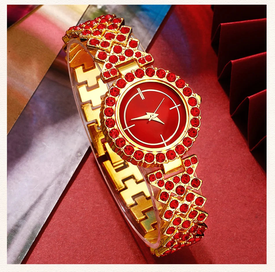 New Luxury Watch Women Red Necklace Earring Rhinestone Fashion Wristwatch Casual Ladies Watches Jewelry Set Relogio Feminino