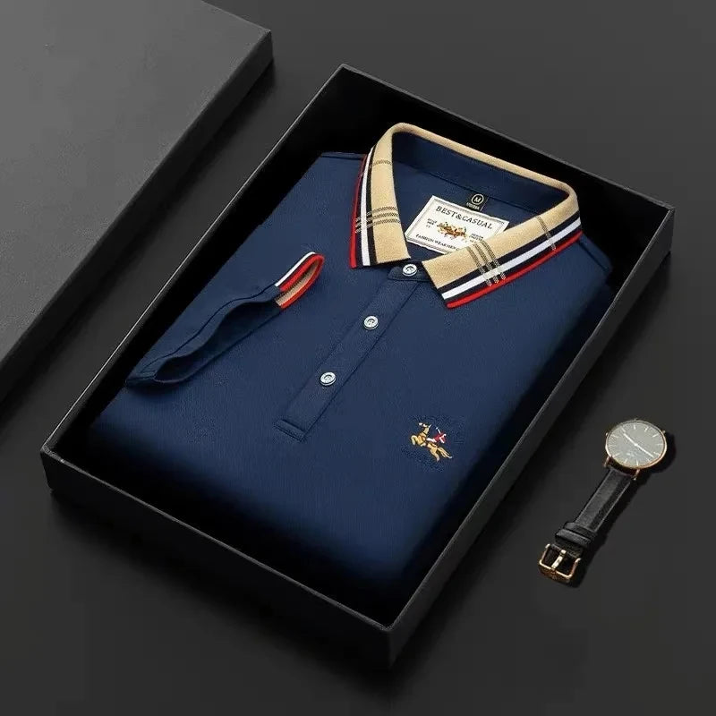 High end mercerized cotton lapel color matching short sleeve polo shirt Men's 2023 popular brand embroidery casual Paul T-shirt