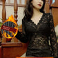 Autumn and Winter V-neck Long Sleeve Black Slim-Fit Bottoming Shirt Lace