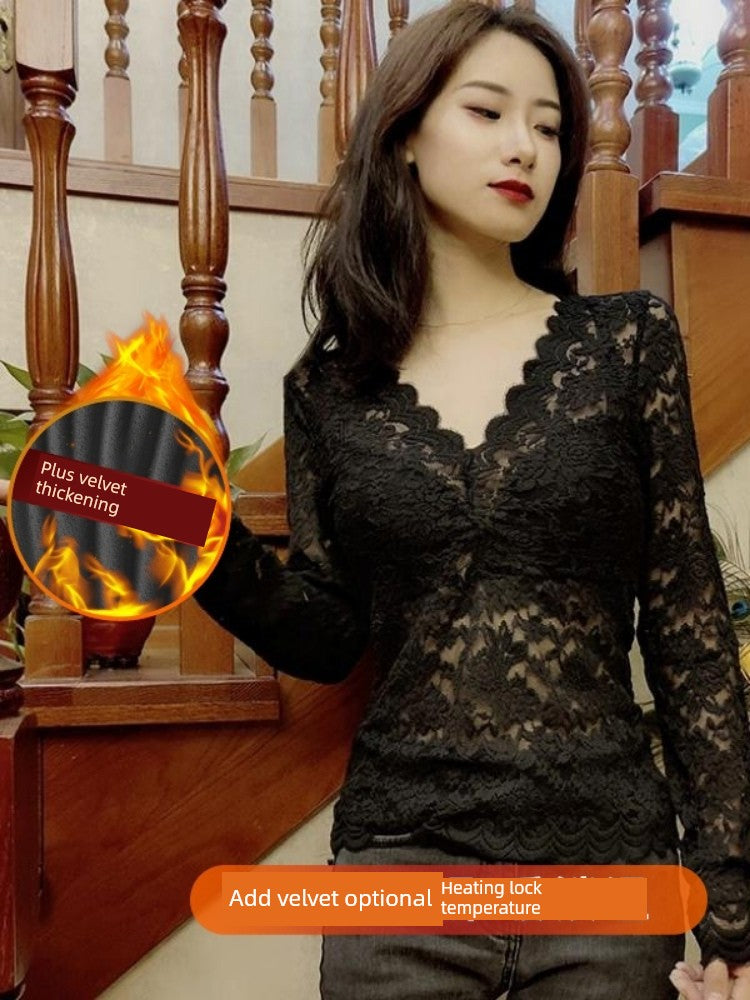 Autumn and Winter V-neck Long Sleeve Black Slim-Fit Bottoming Shirt Lace