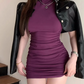 Sexy Tight Half High Collar Pleated Waist Mini Dress Spicy Girls Slim Dresses Bodycon Women Vestidos Cortos Party Mujer Clothing