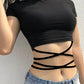 2022 Summer Women Black Short T-Shirts Sexy Crop Tops Short Sleeve Bandage Tee Tops Female Shirts