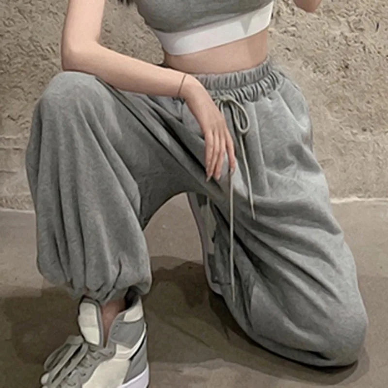 DIHOPE Gray Sweatpants for Women 2024 Autumn New Baggy Fashion Oversize Sports Pants Balck Trousers Female Joggers Streetwear