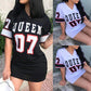 New Fashion V-Neck Queen Letters Print Dress Short Sleeve Football Sporty Style Sexy Loose Female Clothing Streetwear